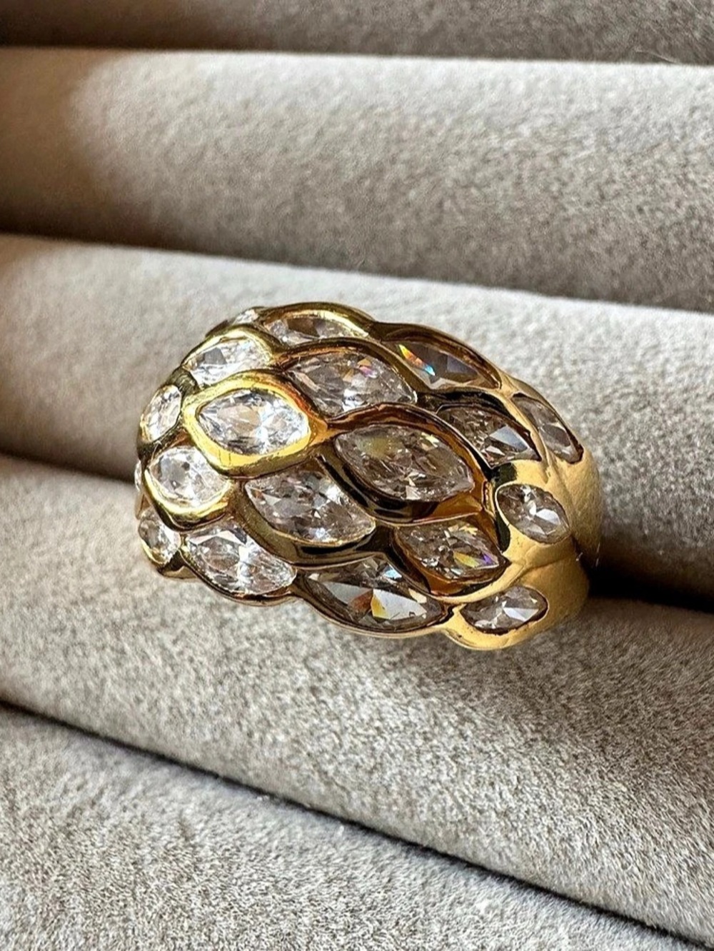 925 Sterling Silver Gold Tone Marquise Clear Stone Wide Statement Ring Size 8